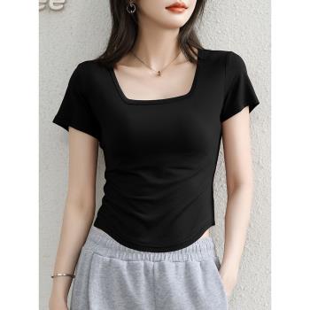黑色短袖T恤女弧形下擺不規則設計感方領短款上衣女夏季新款體恤