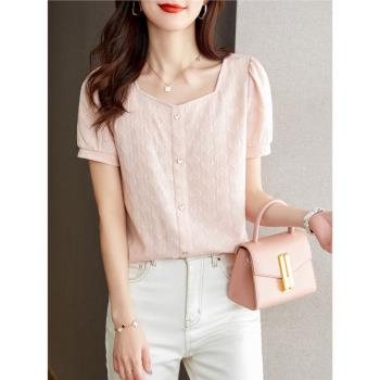 法式方領襯衫女短袖夏季裝新款氣質甜美粉色襯衣寬松顯瘦雪紡上衣