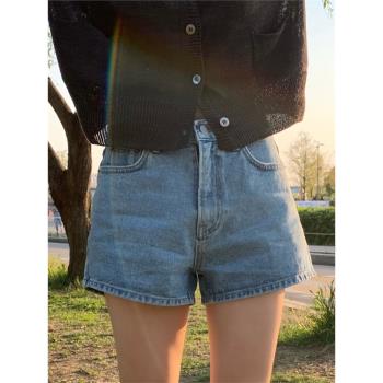 韓國東大門春夏新款高腰氣質闊腿顯瘦小個復古熱褲藍色牛仔短褲女