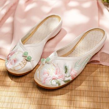 夏季新品民族風漢元素復古絲光緞面旗袍古裝鞋漢服鞋女單鞋女拖鞋