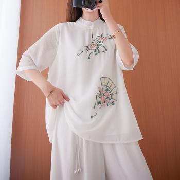 2022夏季中國風復古繡花中式改良立領旗袍日常唐裝茶藝服上衣女