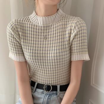 韓國chic夏季減齡小眾設計感復古簡約圓領針織短袖上衣條紋T恤女