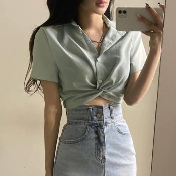 韓國chic夏季法式小眾設計感上衣翻領高腰扭結顯瘦露臍短款襯衫女