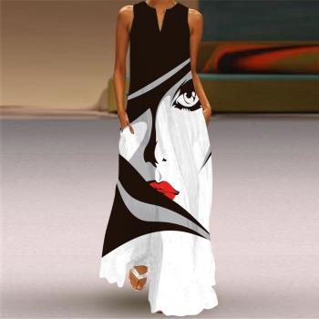 亞馬遜ebay歐美時尚印花插兜長裙
