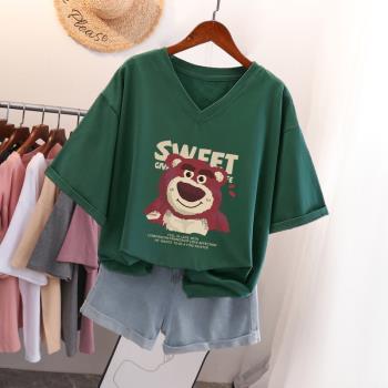 美式復古草莓熊短袖T恤女2023夏季新款大碼胖mm寬松體恤純棉上衣