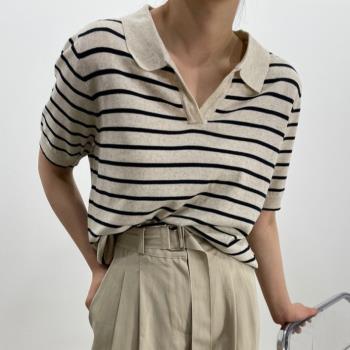 韓國chic春夏慵懶風寬松百搭Polo領條紋針織短袖T恤女翻領上衣潮