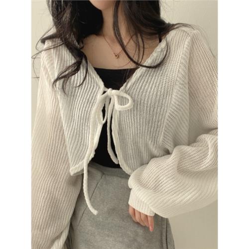 薄款防曬針織衫女夏季法式小眾系帶燈籠袖上衣開衫短外套+小吊帶