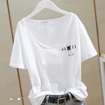 純棉短袖t恤女夏季寬松大碼白色V領印花上衣打底字母舒適親膚百搭