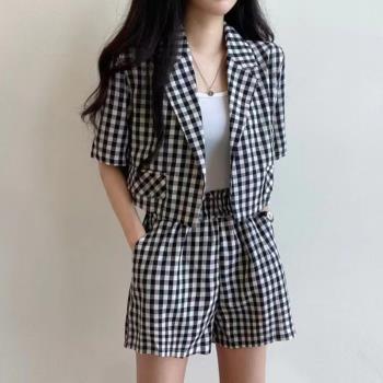 韓國chic夏季復古短袖格子小西服外套+花苞高腰顯瘦闊腿褲兩件套
