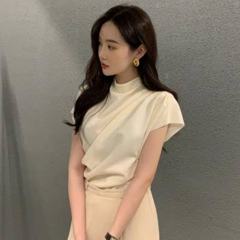 韓國chic夏季減齡時尚小眾優雅高級感立領斜褶獨特設計襯衫上衣女