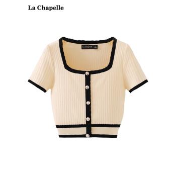 拉夏貝爾/La Chapelle夏季新款復古方領小香風針織短袖女時尚上衣