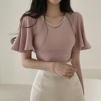 韓國chic夏季新款氣質V領洋氣喇叭袖短袖上衣修身內搭打底衫女
