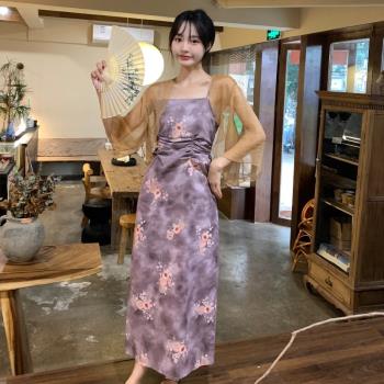 新中式女裝套裝夏季大碼修身復古禪意吊帶連衣裙女夏溫柔碎花長裙