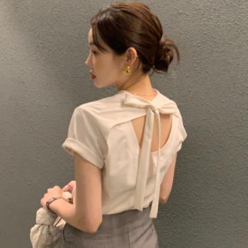 韓國chic夏季小眾設計感時尚心機蝴蝶結系帶鏤空露背短袖T恤上衣
