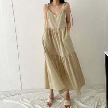 韓國chic夏季法式小眾寬松可調節長款吊帶連衣裙薄款棉麻背心長裙