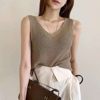 韓國chic夏季設計感露背交叉V領薄款鏤空修身顯瘦無袖針織衫背心