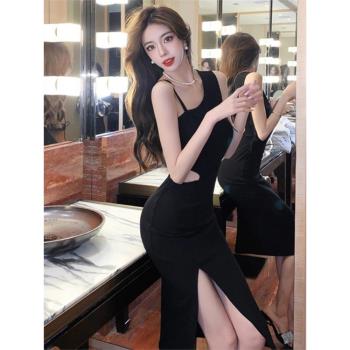 高階感小黑裙女夏季聚會禮服平時可穿性感斜領單肩露肩吊帶連衣裙