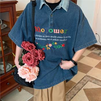 彩色牛仔POLO衫寬松休閑短袖刺繡