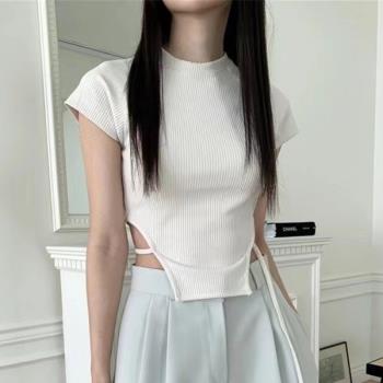 韓國chic夏季不規則設計感小眾露腰系帶短袖T恤圓領打底上衣女