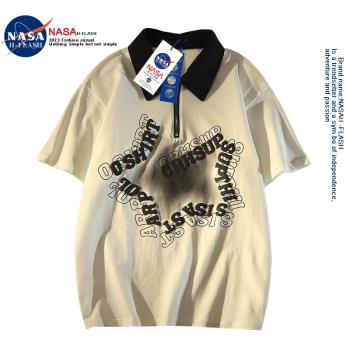 NASA聯名美式復古星星POLO領短袖上衣夏季寬松顯瘦半拉鏈T恤男女