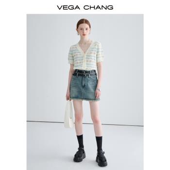 VEGA CHANG短袖針織衫女2023夏季新款小眾設計感條紋提花鏤空上衣