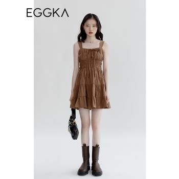 EGGKA綁帶吊帶連衣裙女修身夏季2023年新款設計感小眾褶皺裙子