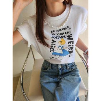 韓國東大門2023夏新款卡通字母印花圓領戴項鏈短袖T恤女顯瘦上衣