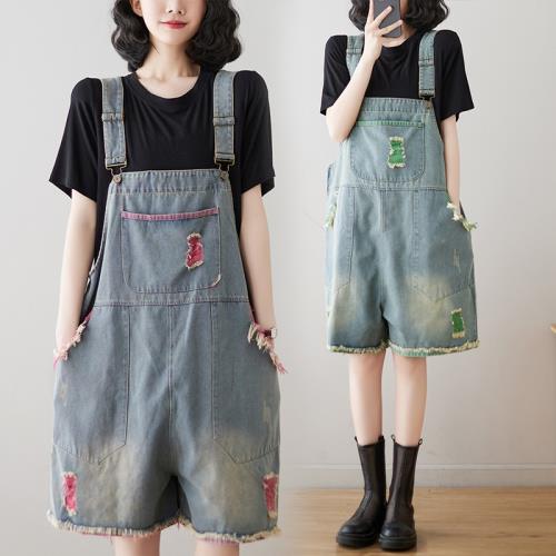 設計感拼色破洞牛仔背帶短褲女夏季減齡吊帶連體褲寬松闊腿五分褲