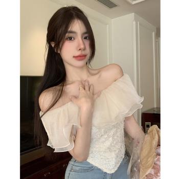 蕾絲雪紡衫女裝夏季新款法式不規則設計感辣妹一字肩短袖襯衫上衣