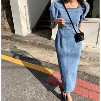 韓國chic夏季復古薄款泡泡短袖牛仔連衣裙女氣質復古水洗藍長裙潮