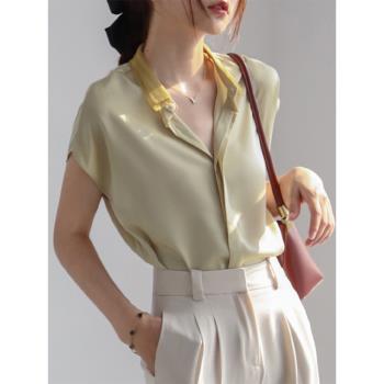 奶油黃短袖襯衫女夏季薄款法式獨特別致緞面襯衣白色雪紡上衣春秋
