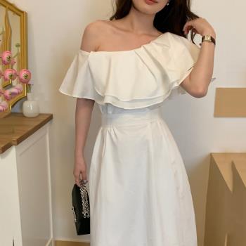 韓國chic夏季法式氣質名媛雙層荷葉邊修身系帶收腰中長款連衣裙女