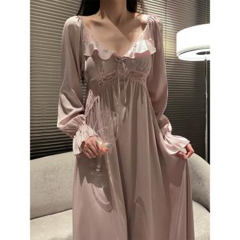 睡衣女春秋季節冰絲薄款睡裙蕾絲性感法式長袖夏季模擬絲綢家居服