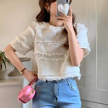 韓國chic夏季新款設計感小香風甜美拼接圓領流蘇別致T恤短袖上衣