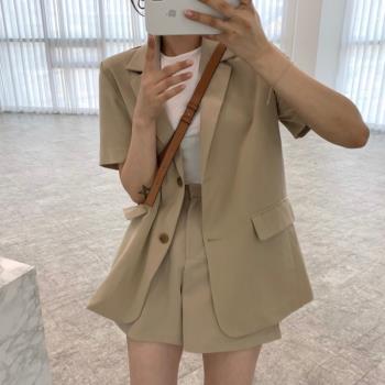 韓國chic炸街短袖西裝外+套闊腿短褲套裝女春夏季洋氣寬松兩件套
