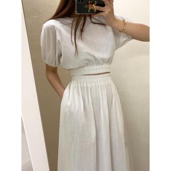 韓國chic夏季新款百搭氣質短款泡泡袖收腰上衣+高腰純色半身裙女