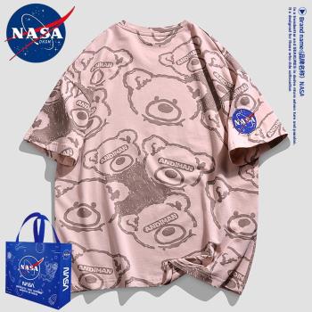 NASA短袖男夏季小熊印花t恤美式重磅五分袖體恤青少年純棉上衣潮