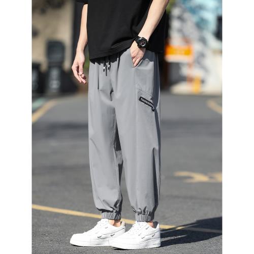 灰色褲子男夏季薄款冰絲透氣運動休閑褲大碼潮流百搭哈倫束腳長褲