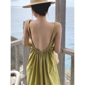 夏季海邊度假連衣裙純色大露背性感拍照長裙沙灘吊帶裙泰國旅行女