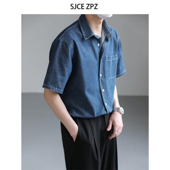 ZPZ夏季上衣韓國寬松短袖襯衫男裝潮牌INS高級感痞帥半袖牛仔襯衣