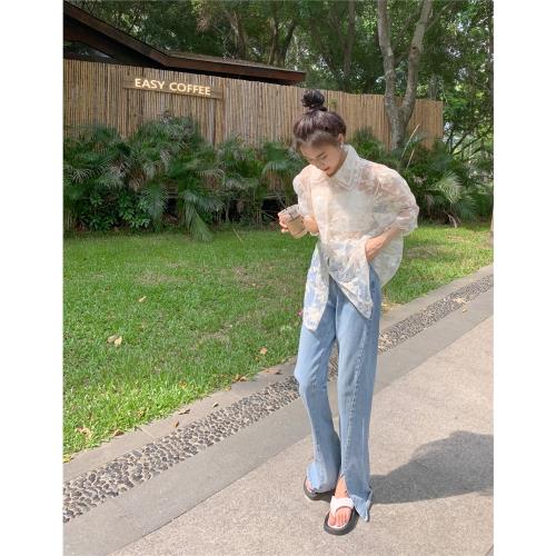 中長款法式溫柔泡泡袖上衣女夏季薄款寬松短袖性感辣妹蕾絲襯衫