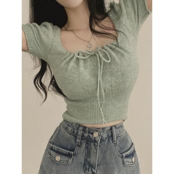 韓國chic夏季新款百搭法式方領抽繩短款針織衫修身顯瘦別致上衣女