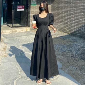韓國chic夏季法式氣質方領小心機露背收腰顯瘦泡泡袖中長裙連衣裙