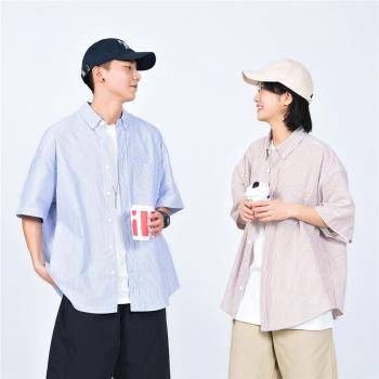 AM拂曉 2023夏季新款短袖襯衫女 日系翻領百搭條紋襯衫上衣外套