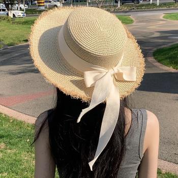 平頂毛邊草帽女夏季海邊度假沙灘遮陽防曬帽蝴蝶結大帽檐太陽帽子