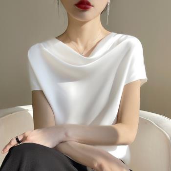 高階感夏季新款女士t恤短袖寬松真絲桑蠶絲緞面打底內搭西裝上衣