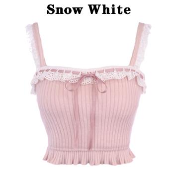 Snow White粉色針織蕾絲吊帶女夏甜美蝴蝶結系帶修身背心內搭疊穿