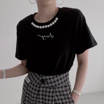 韓國chic夏季新款簡約珍珠點綴圓領字母短袖T恤女寬松上衣打底衫