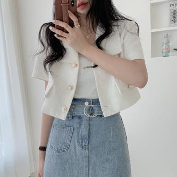 韓國chic夏季新款洋氣減齡小香風經典紐扣翻領短袖西裝外套上衣女