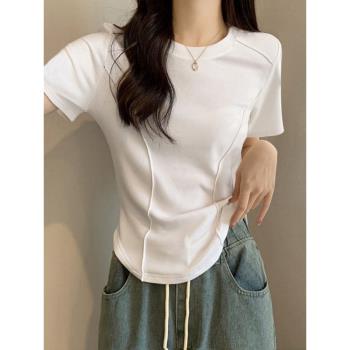 韓版設計感魚骨不規則短袖夏季新款純欲白色t恤女上衣內搭打底衫